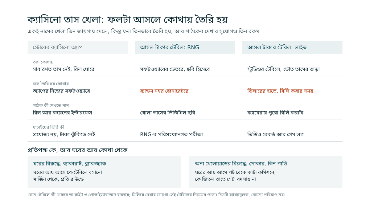 তিন কলামের একটি ছক: স্টোরের ক্যাসিনো অ্যাপ, আসল টাকার RNG টেবিল আর লাইভ ডিলারের টেবিল, প্রতিটিতে তাস কোথায় থাকে, ফল কোথায় তৈরি হয়, পাঠক কী দেখতে পান আর যাচাইয়ের ভিত্তি কী, নিচে ঘরের আয় মার্জিন না কমিশন তার তুলনা