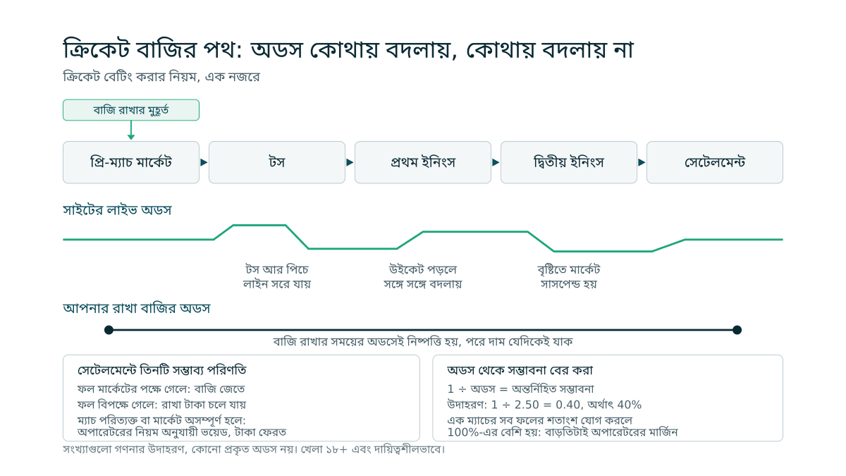 একটি ক্রিকেট ম্যাচের টাইমলাইন: প্রি-ম্যাচ থেকে সেটেলমেন্ট পর্যন্ত সাইটের লাইভ অডস ওঠানামা করে, কিন্তু বাজি রাখার সময় লক হওয়া অডস সরলরেখায় একই থাকে